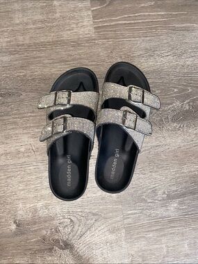 Madden Girl Sparkling Double-Buckle Slide Sandals - Silver/Black
